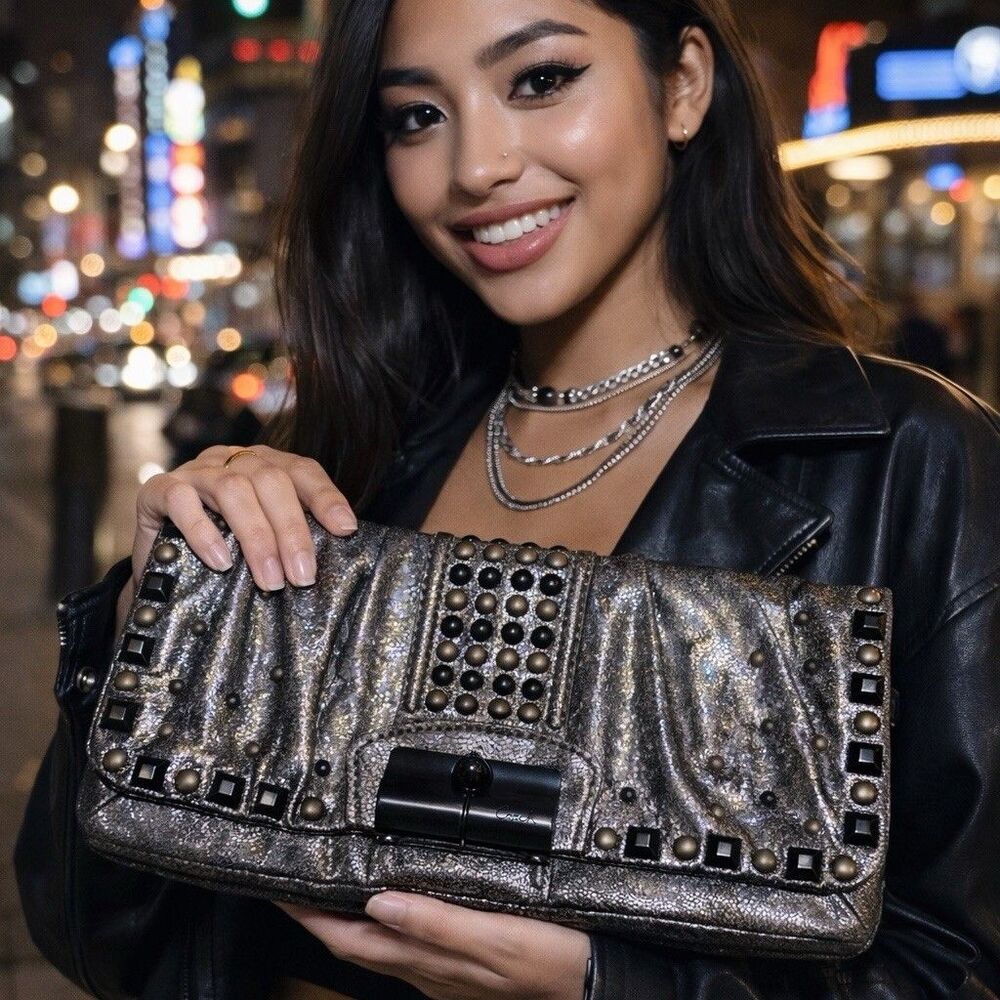 COACH Kristin Studded Clutch Black Silver Leather NWOT Punk Rock Chic